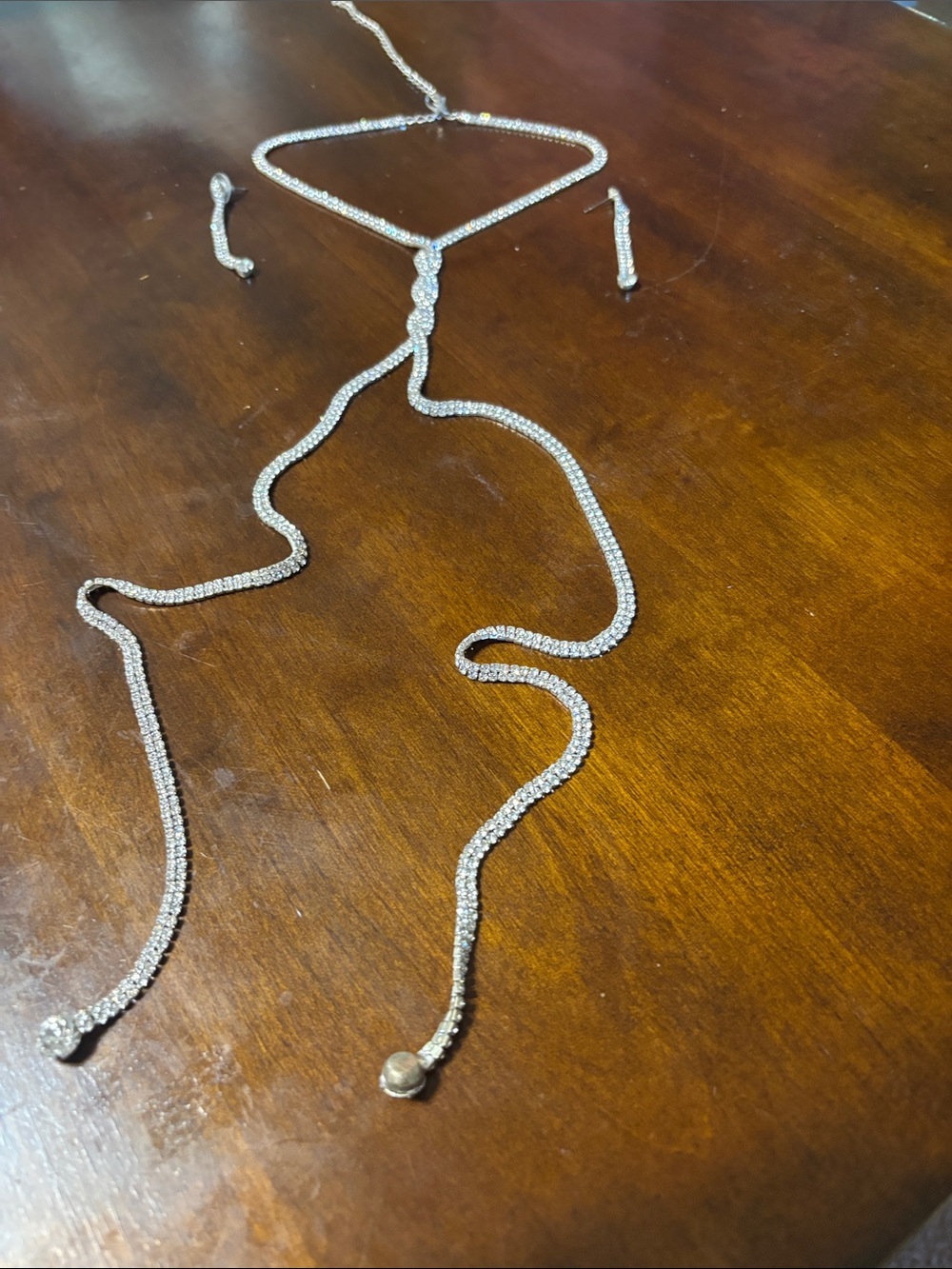 Silver Crystal Lariat Necklace and Earrings Set